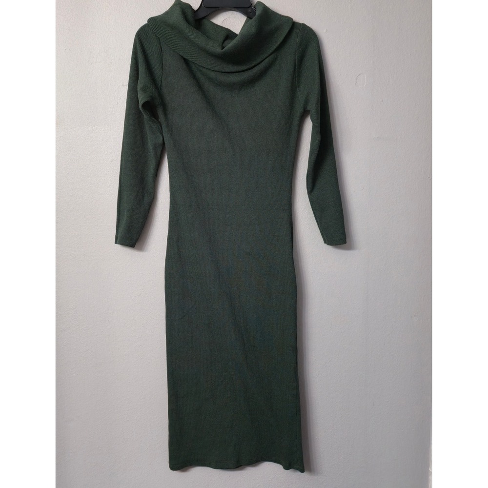Delizia Colection Forest Green Cowl Neck Ribbed Knit Petite Midi Sweater Dress S